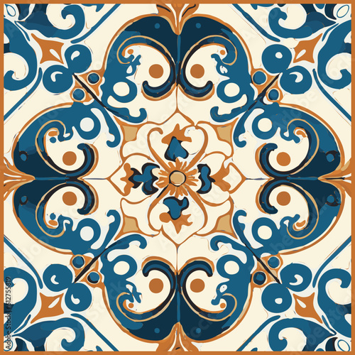 Blue Tiles Background, Old Fasion Retro Azulejo Mosaic Tile, Vintage Portuguese Wall Ceramic Seamless Pattern photo