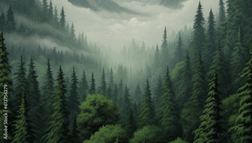 Fototapeta premium forest mountains fog green pixelart realistic hyperdet