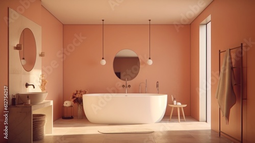 Minimalist Bathroom in Soft Pastel Hues. Contemporary Bathroom with Muted Pink-like Palette.