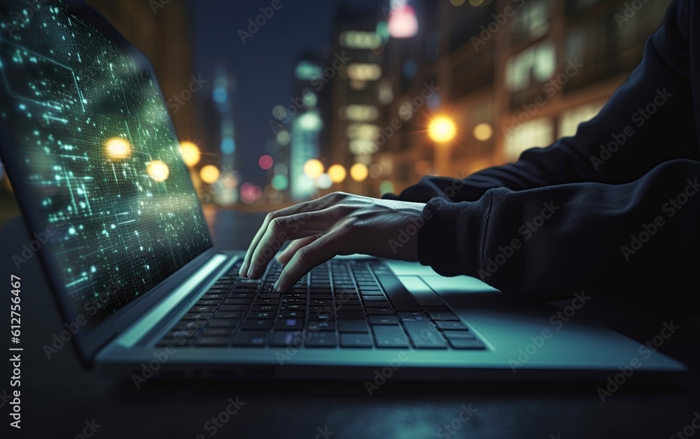 Programmer, software engineer working on laptop with code on screen. Software development concept.Digital technology. Ai Generative illustration Programmer, software engineer working on laptop with code on screen. Software development concept.Digital technology. Ai Generative illustration