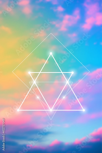 Sacred geometry spiritual new age futuristic illustration with transmutation interlocking circles, triangles and glowing particles