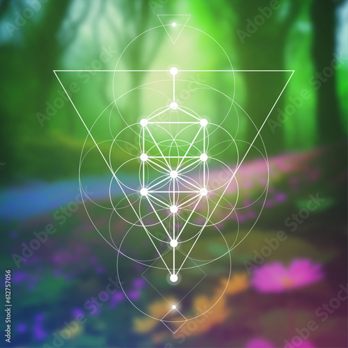 Flower of life. Tree of life. Sacred geometry spiritual new age futuristic illustration with transmutation interlocking circles, triangles and glowing particles