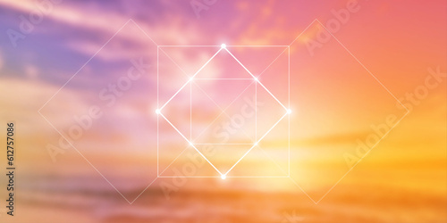 Sacred geometry spiritual new age futuristic illustration with transmutation interlocking circles, triangles and glowing particles