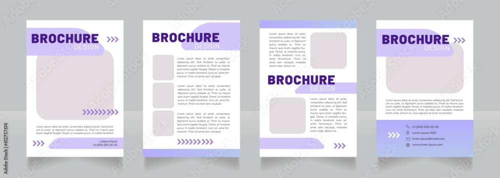 Clean transport purple blank brochure design. Template set with copy space for text. Premade corporate reports collection. Editable 4 paper pages. Barlow Black, Regular, Nunito Light fonts used