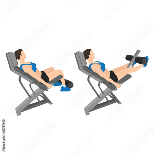 Woman doing seated machine leg extensions exercise. Flat vector illustration isolated on white background