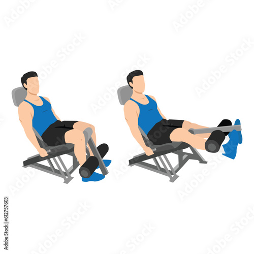Man doing seated machine leg extensions exercise. Flat vector illustration isolated on white background
