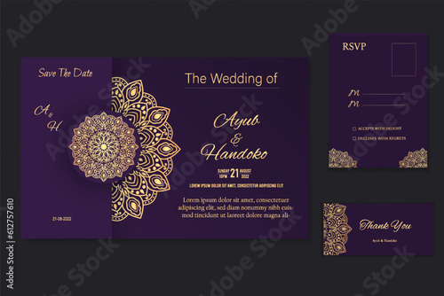 Luxury Purple Wedding Invitation With Golden Mandala