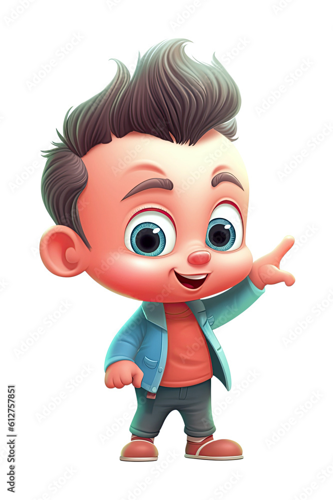 happy little child boy schoolboy points his finger at isolated background. Cartoon character. Generative AI illustration happy little child boy schoolboy points his finger at isolated background. Cartoon character. Generative AI illustration