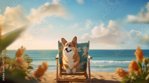 A captivating photograph of a corgi sitting on a beach chair, wearing a Hawaiian lei, and gazing out at the horizon, embracing the laid-back beach lifestyle - Generative ai