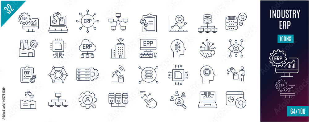 Best collection industry line icons. ERP, machine, data, automation,..