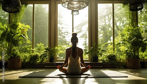 female in yoga lotus pose. Silhouette in a spacious room filled with plants. Sunset.