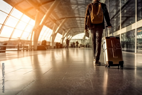 Man with a suitcases walks in airport hall. Traveler waiting the plane. AI generated