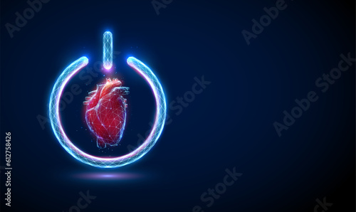 Abstract red human heart in glowing power button.
