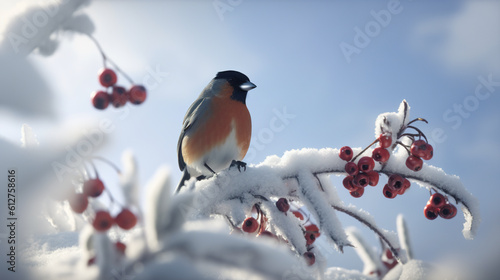 Cute bullfinch bird sits on a bunch of red rowan berries, Christmas greeting card, AI generative illustration © Friedbert