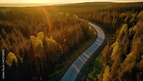 Drone view of a meandering road through forest at sunrise. car on the road.
