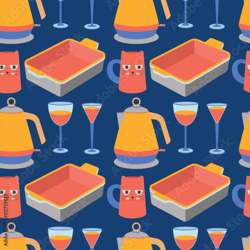 Pattern of kitchen utensils, pan, kettle, mug, baking dish, wine glasses.