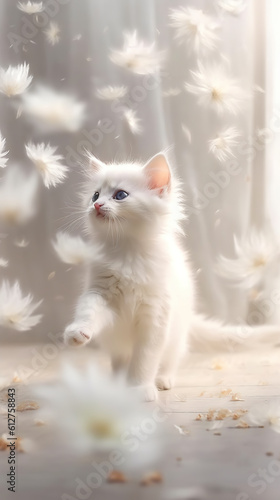 A white kitten sitting on the floor surrounded by white flowers. Generative AI.