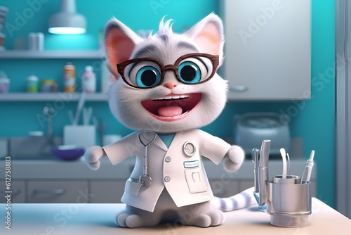 Happy smiling cartoon cat dentist,AI generated