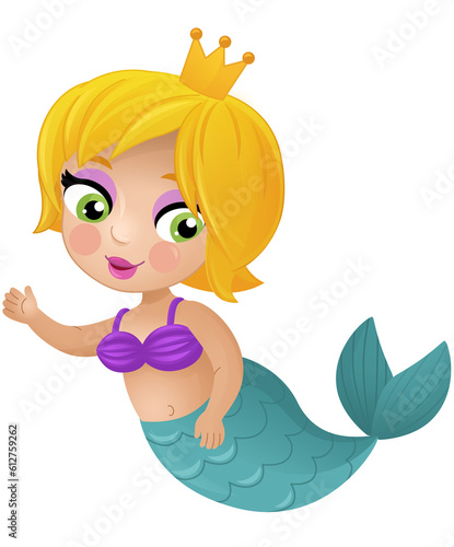 cartoon scene with happy young mermaid swimming isolated illustration for kids