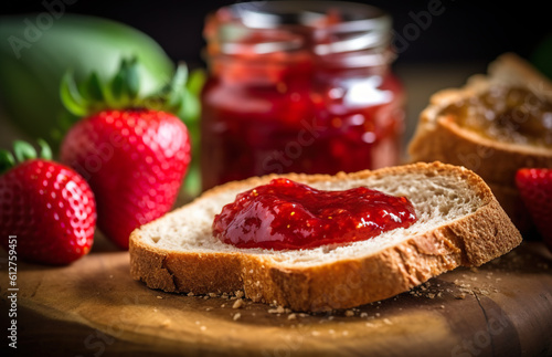A piece of bread with strawberry jam on it. Generative AI.