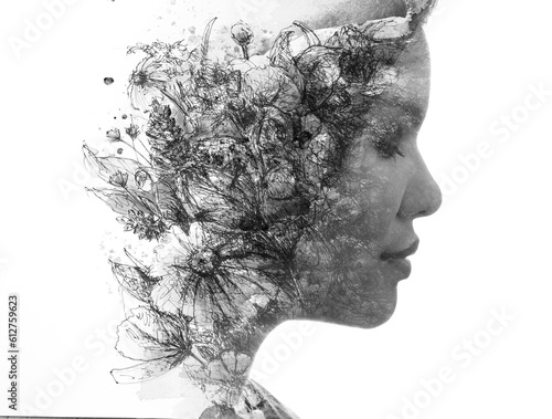 A floral black and white paintography portrait of a woman's profile photo