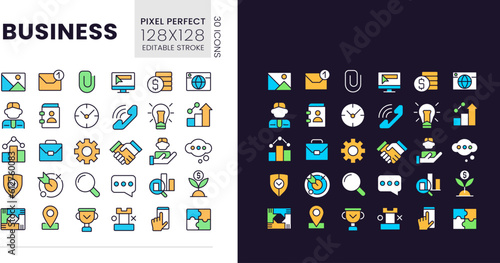 Business pixel perfect light and dark theme color icons set. Commerce and finance. Digitalization. Simple filled line drawings. Bright cliparts on white and black. Editable stroke. Poppins font used