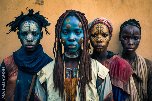 A group of young ethnic African people wearing traditional cloth, with colorful tribal paint on their faces. Created with Generative AI technology.