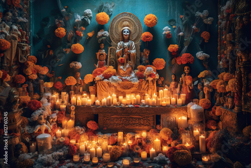 A shrine filled with candles and a statue. AI generative. Day of the Dead picturesque display