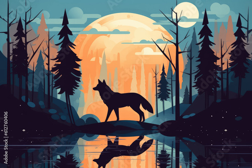 wolf silhouette in forest by river full moon at night illustration Generative AI