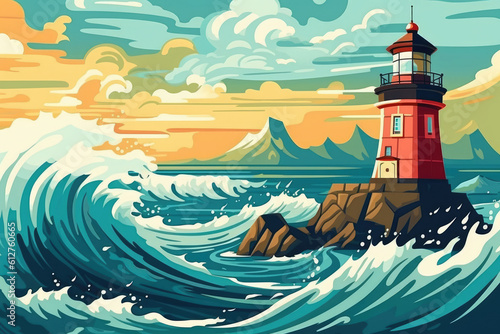 lighthouse in stormy sea big wave seascape illustration Generative AI