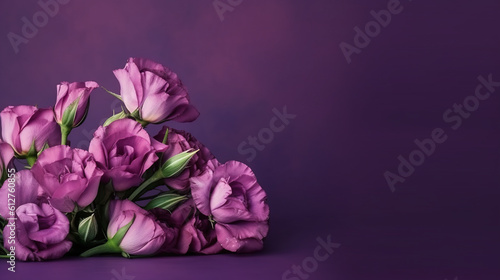 A bunch of pink lisanthus flowers on a purple surface with copy space. Generative AI background, greeting card with space for text.