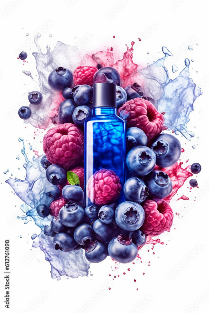Bottle with liquid. Vaping. Flavored e-liquid. Berries and fruits, Generative AI, Bottle with liquid. Vaping. Flavored e-liquid. Berries and fruits, Generative AI,