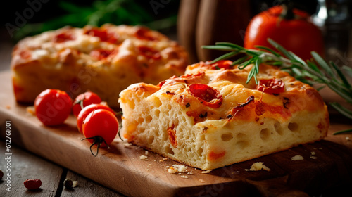 Delicious italian focaccia bread on a wooden cutting board. Generative Ai, photo