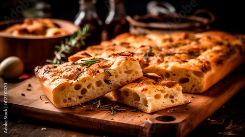 Delicious italian focaccia bread on a wooden cutting board. Generative Ai,