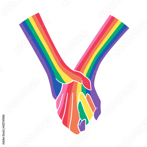 Illustration of holding hands with the theme of pride month. Design with rainbow colors. LGBTQ symbol