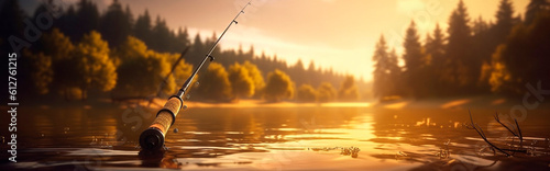 fishing, fishing rod, on the background of the river. Generative AI,