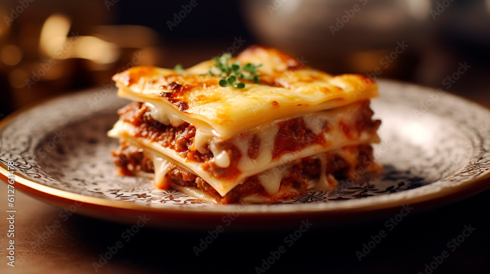 Juicy piece of lasagna on a plate. Generative Ai, Juicy piece of lasagna on a plate. Generative Ai,