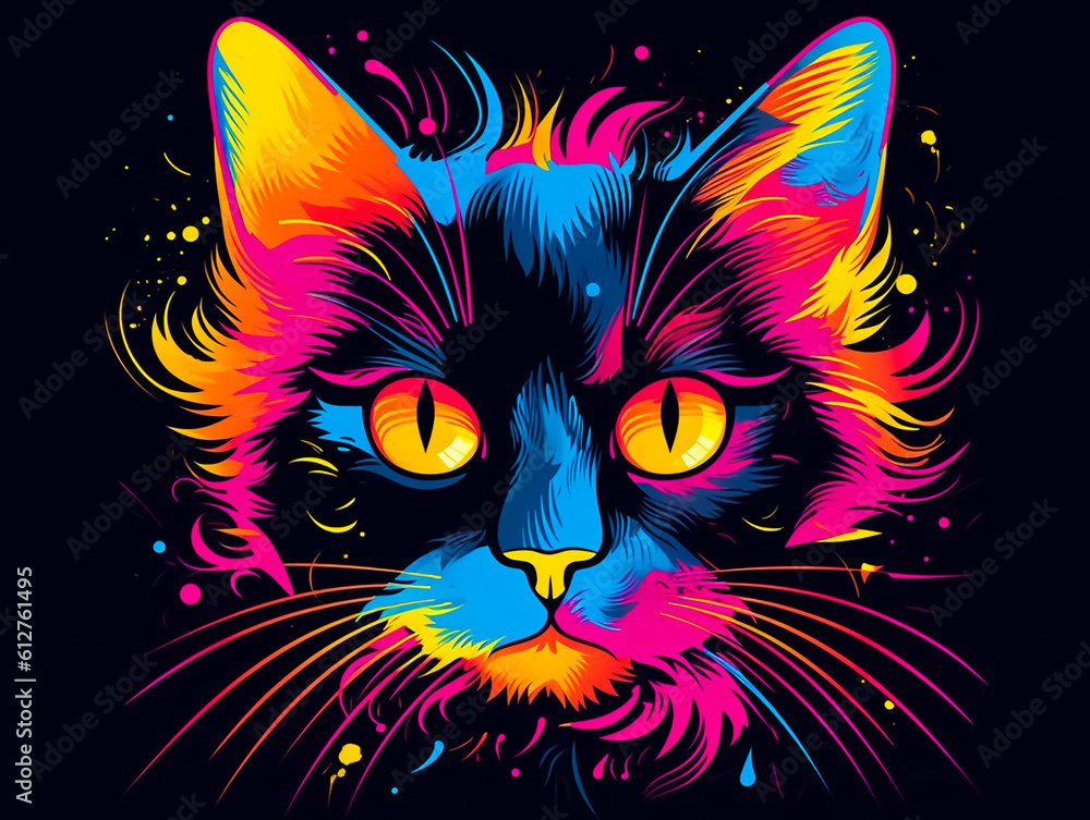 A black cat head with a vibrant pop art style, exuding a playful and cheerful mood, bathed in bright, Generative AI