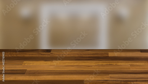 Bathroom interior bathtub. 3D rendering.  Background with empty wooden table. Flooring.