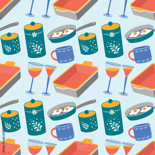 Pattern of kitchen utensils, pan, mug, sugar bowl, wine glasses.