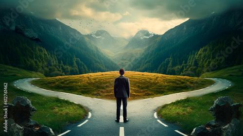 A person on two roads chooses the best chances for environmental protection. Generative Ai,