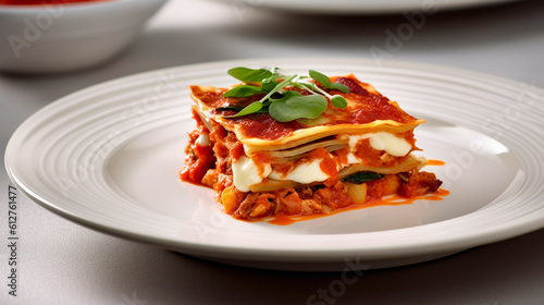 Juicy piece of lasagna on a plate. Generative Ai 