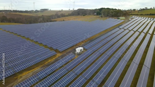 Aerial drone view of a hybrid wind and solar farm for renewable clean energy supply located at Bannister in the Upper Lachlan Shire, NSW, Australia  photo