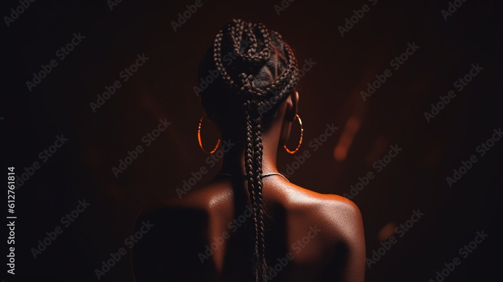 AI generative image of a back view of a young and elegant black woman with a braids hairstyle  - obrazy, fototapety, plakaty 