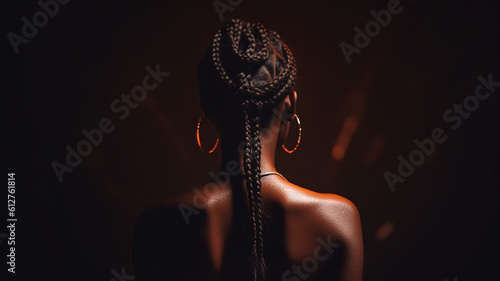 AI generative image of a back view of a young and elegant black woman with a braids hairstyle 