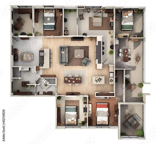 Floor plan of a house top view 3D illustration. - Concept of a living apartment - Ai Generative
