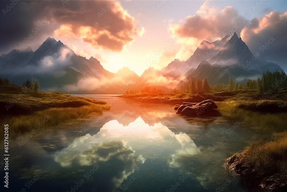 The illustration of the serene beauty of nature, where towering mountains and a gently streaming river create a harmonious landscape that will captivate your senses. Generative AI...