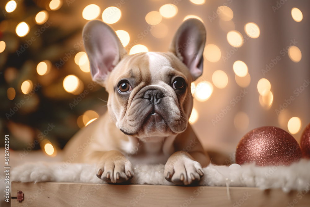 portrait of brown French bulldog with Christmas tree and bokeh lights in the background created with AI generative tools