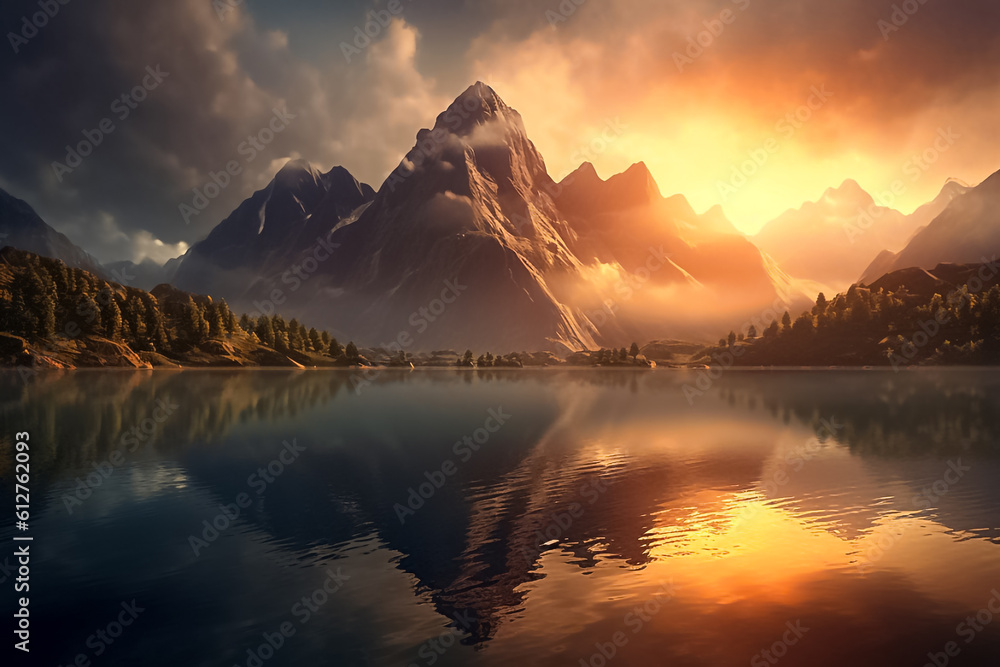 The illustration of the serene beauty of nature, where towering mountains and a gently streaming river create a harmonious landscape that will captivate your senses. Generative AI...
