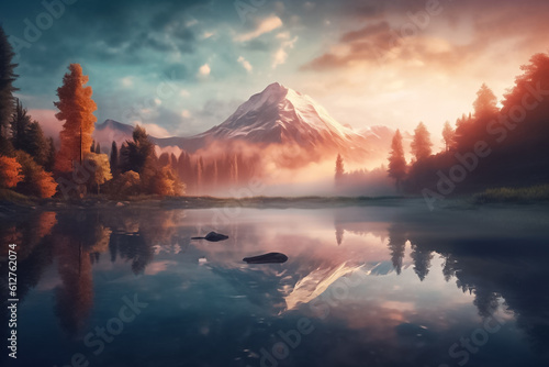 The illustration of the serene beauty of nature, where towering mountains and a gently streaming river create a harmonious landscape that will captivate your senses. Generative AI...